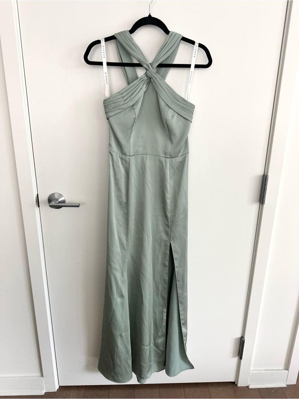 Azazie Sage Green Twisted Halter Maxi Dress